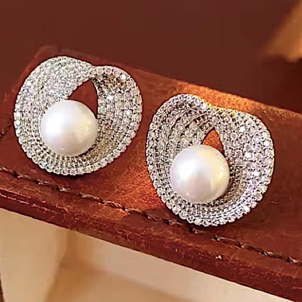 Silver Pearl Zircon Statement Earrings, Minimalist Wedding Anniversary Bridal